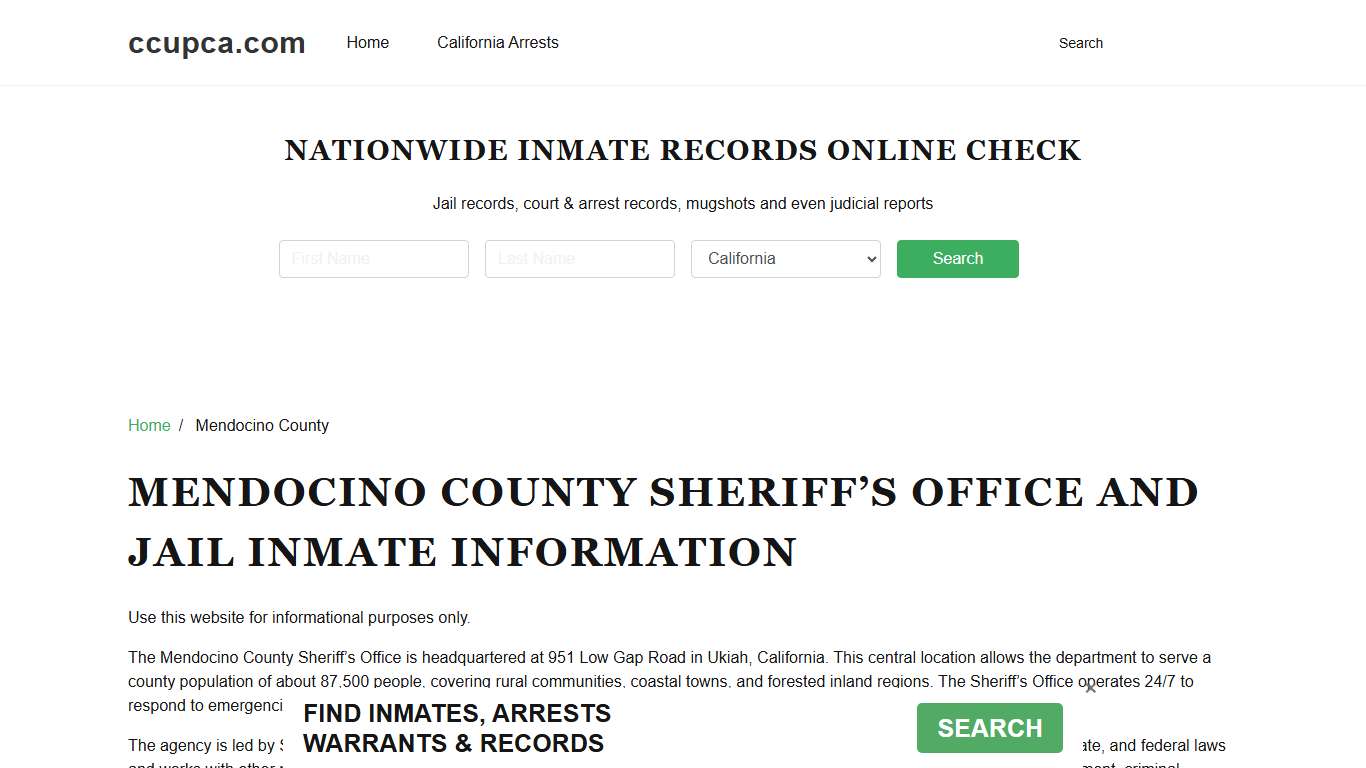 Mendocino County Sheriff, CA, Jail Inmate Search, Recent Arrests