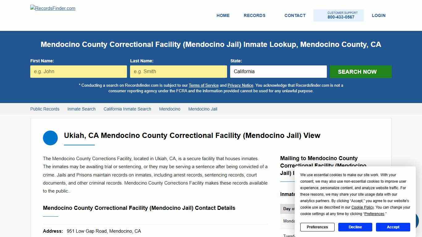 Mendocino County Correctional Facility (Mendocino Jail) Jail Roster & Inmate Lookup