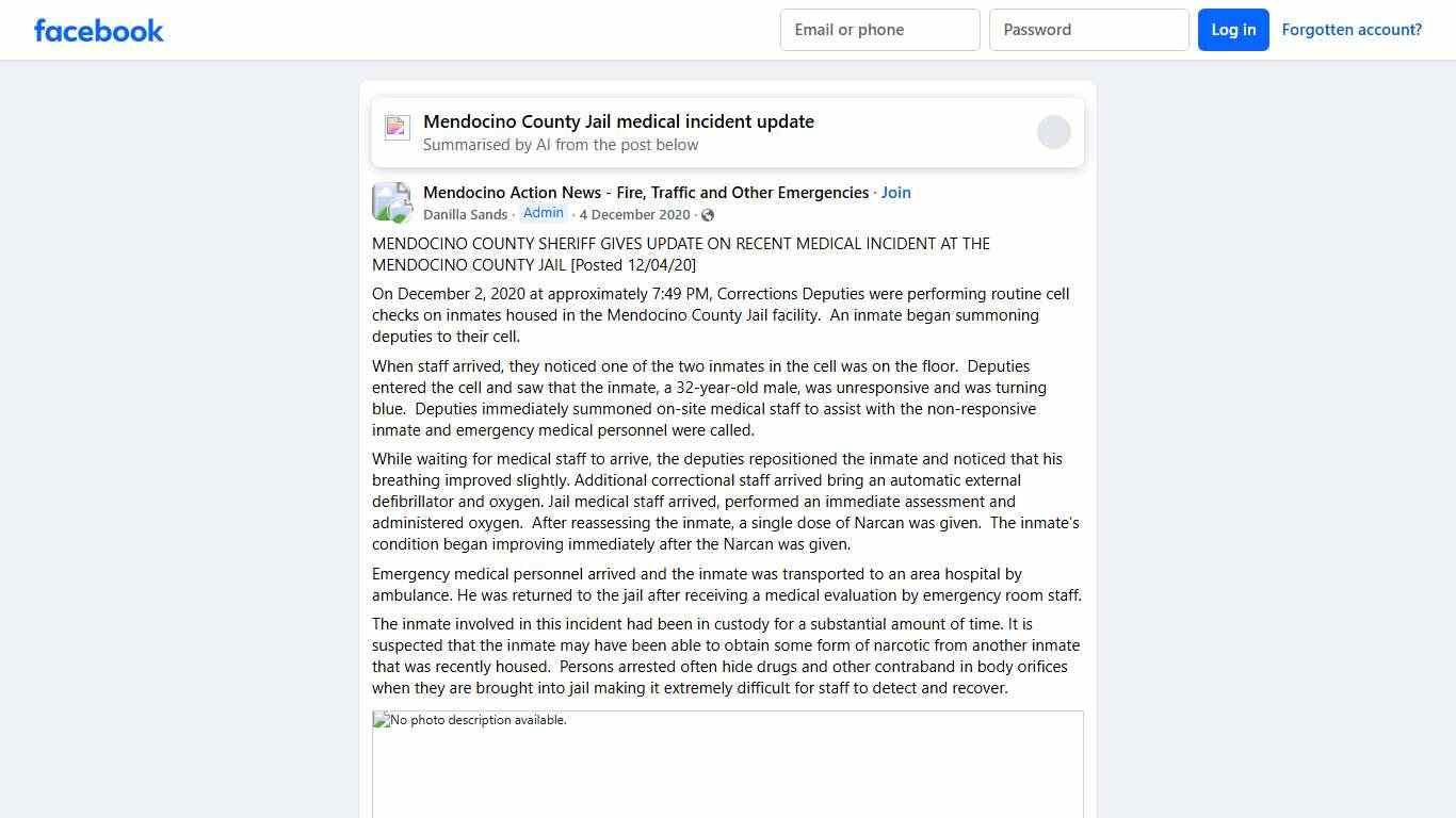 Mendocino Action News - Fire, Traffic and Other Emergencies | MENDOCINO COUNTY SHERIFF GIVES UPDATE ON RECENT MEDICAL INCIDENT AT THE MENDOCINO COUNTY JAIL [Posted 12/04/20] | Facebook